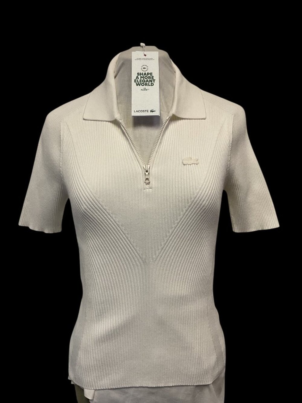 Lacoste Womens White Ribbed Short-Sleeve Polo Shirt With Zip-Up Collar Size 34/2